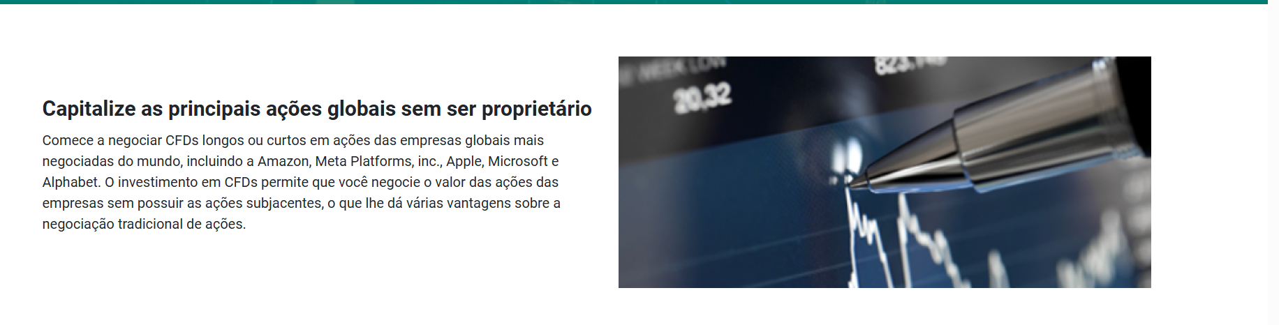 caneta metálica apontando para gráfico digital de ações representando negociação de CFDs mundiais na XMR Markets