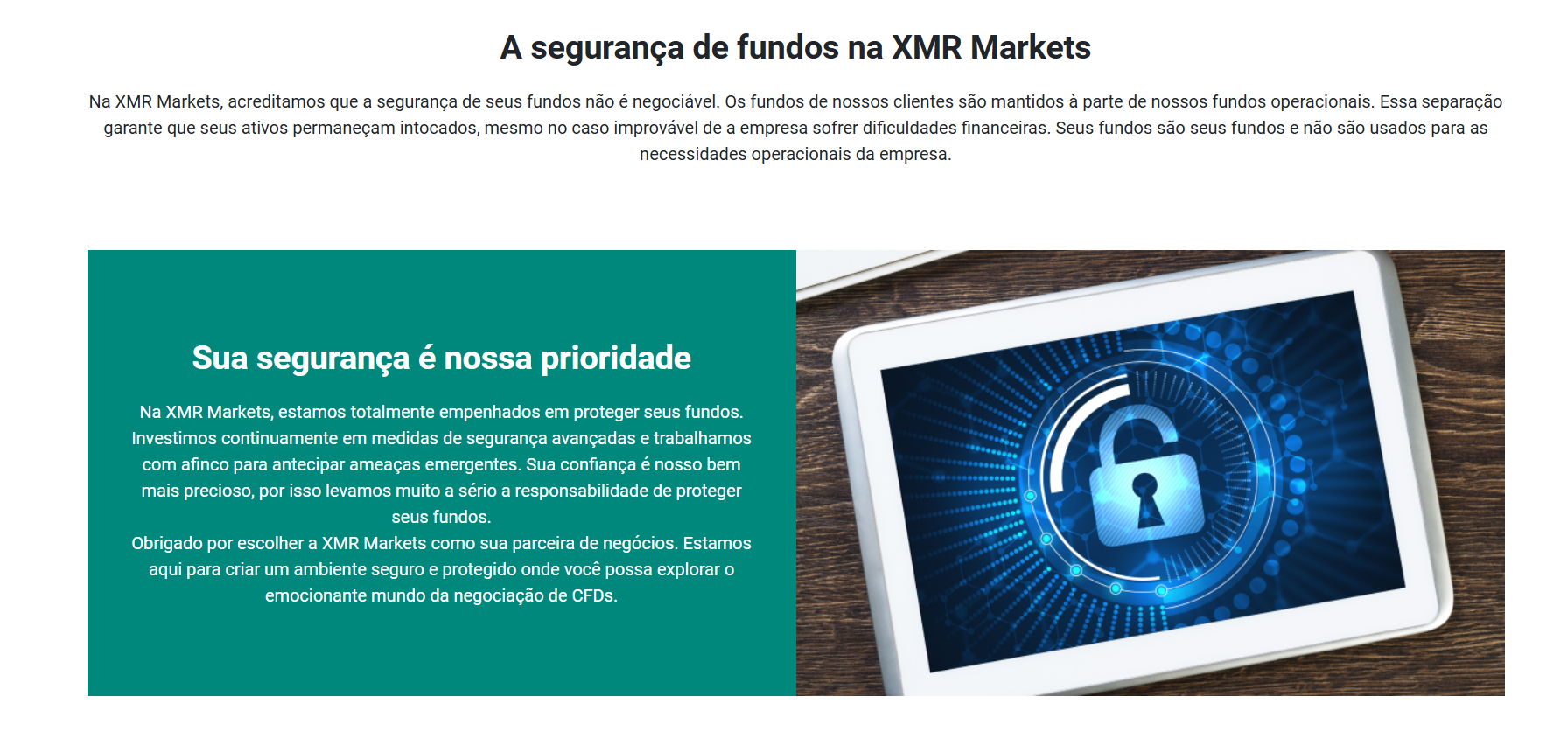 tela digital apresentando a figura de cadeado azul que simboliza proteção dos fundos na XMR Markets